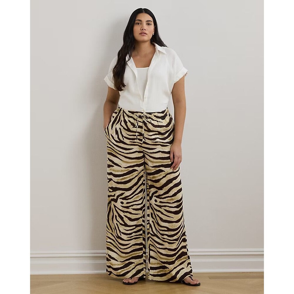 Lauren Ralph Lauren Women's Zebra-Print Linen Wide-Leg Pants Cream Brown XXL - Picture 6 of 13